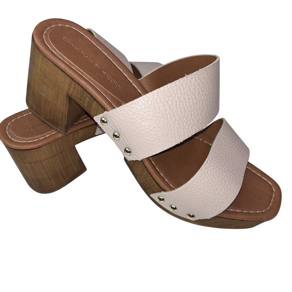 Christian Di Riccio Beige Leather Slide‎ Sandals Block Heel W Size 9 (39) New